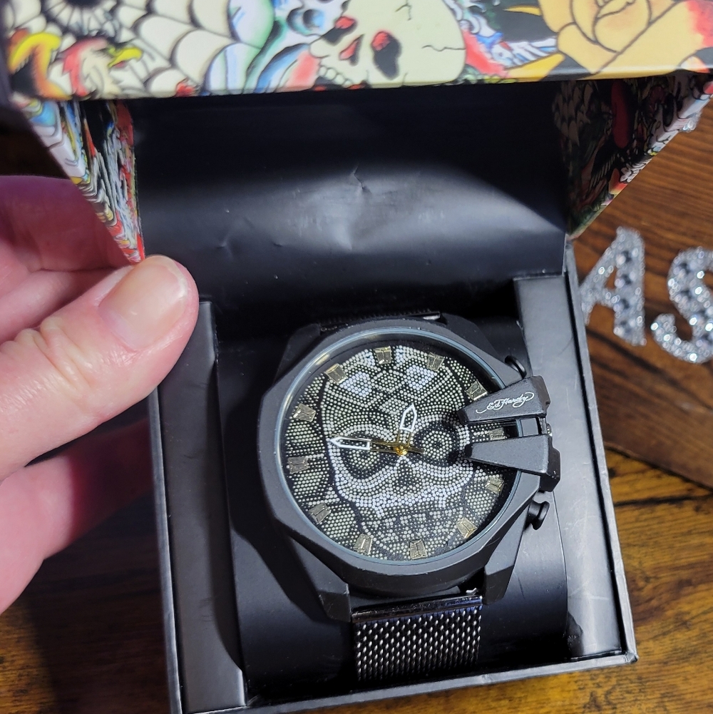 Ed Hardy mens Black Gold Gray Skull Watch